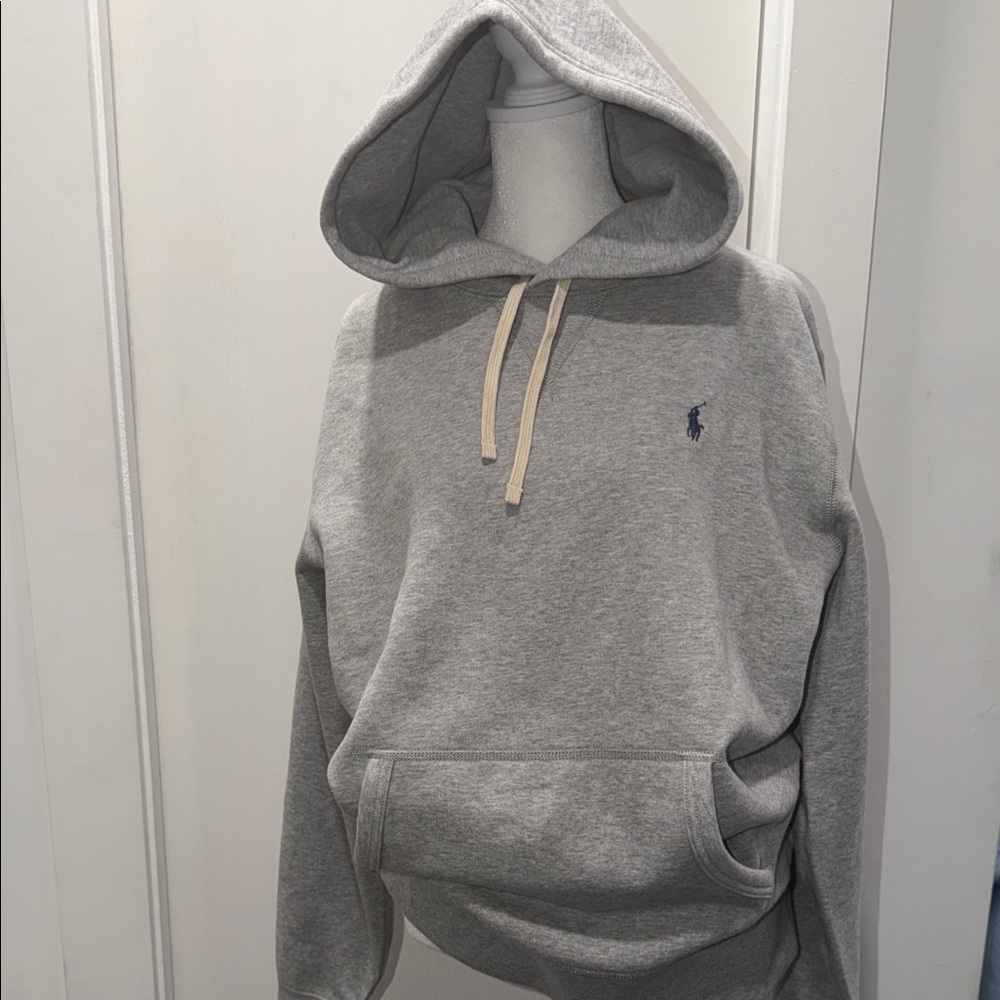 Ralph Lauren Light Gray Pullover Hoodie with Navy Polo Pony